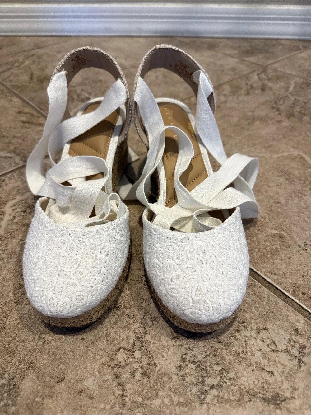Kelly & Katie White Lace Espadrille Wedge with Ankle Ties
